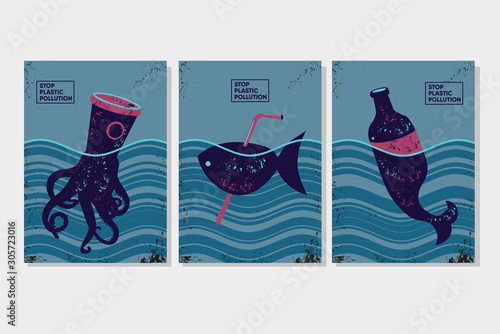 Stop plastic pollution. Ecology poster set with garbage and ocean life. Eco concept vector illustration.