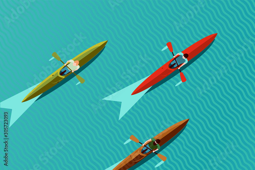 Rowing team. Top view of kayak boat. Canoe race vector illustration, flat style.