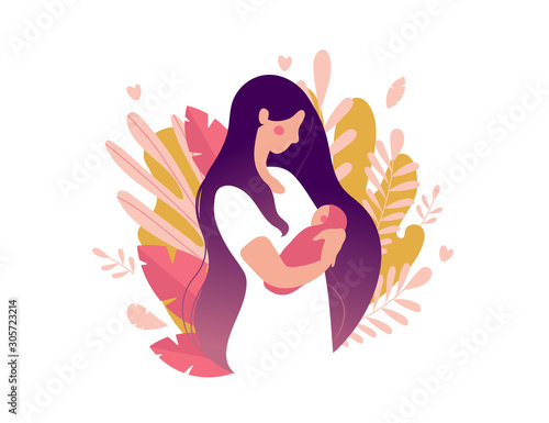 Young mother with a newborn baby in her arms. Woman with a baby on a background of nature and leaves. The concept of motherhood, health, family. Flat vector illustration isolated on white background