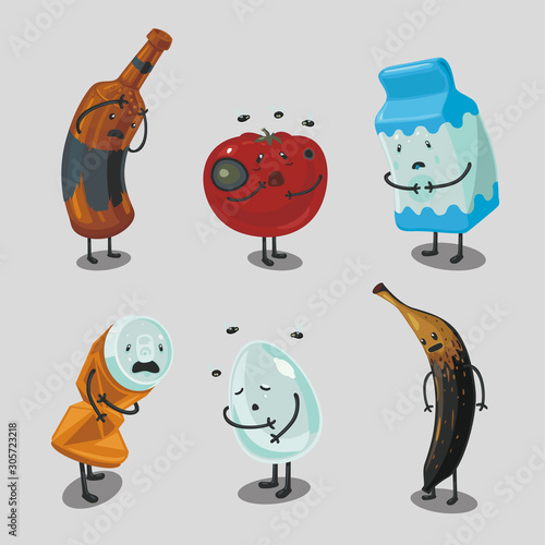 Garbage and trash cartoon character. Spoiled food illustration. Landfill vector background. Products with expired date. Isolated icons set.