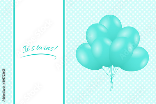 Baby twins shower card. Greeting card with balloons