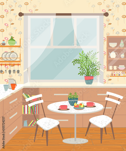 Kitchen and dining room interior vector, house styling and decorating living space. Houseplant on window, table with cups and food fruits in bowls