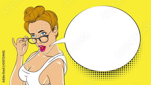 Cartoon style sexy blonde young girl. Poster in comic book style.