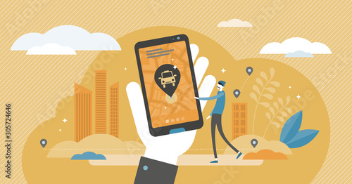 Taxi app vector illustration. Order cab in phone flat tiny persons concept.