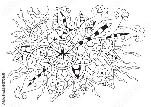 Wallpaper Mural Coloring book page for adult and older children. Black and white abstract floral pattern. Design for meditation. The image can be used in design and printing on fabric Torontodigital.ca