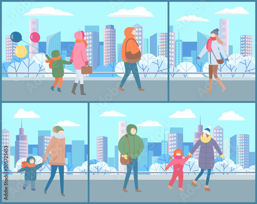 Set of cards with people dressed in outerwear doing outdoor activities with kid in winter park. Family walk of parents with children in park with snow. Man and woman on snowy city street