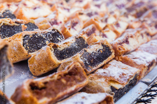 Photography National Hungarian delicious strudel with poppy seeds and cottage cheese at the