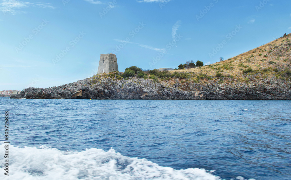 The coast and the Saracen Tower near Camerota from the sea