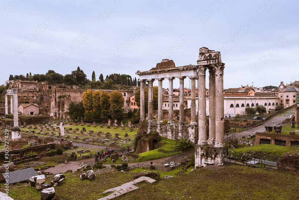 Roman Forum, Forum Romanum in Latin, a rectangular square surrounded by the ruins  in Prome, Italy.