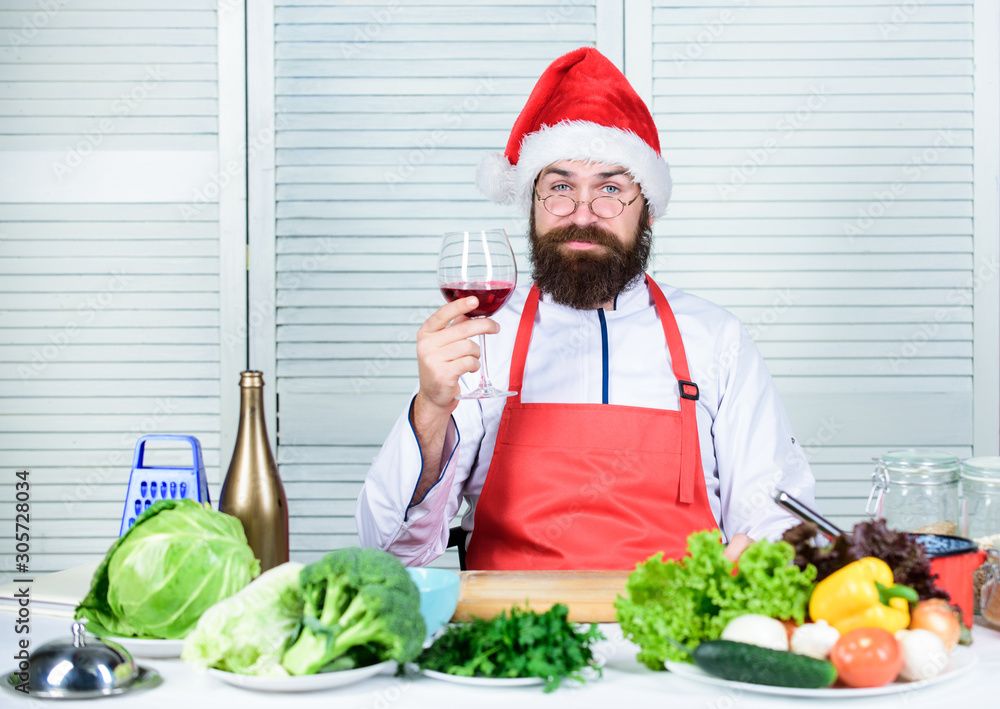 Chef man in hat. Secret taste recipe. Dieting and organic food, vitamin. Healthy food cooking. Vegetarian. Mature chef with beard. Bearded man cook in kitchen, culinary. its christmas