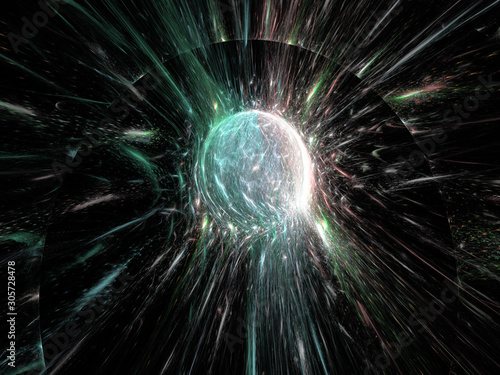 3d Illustration - brilliant glowing spherical ball of light, plasma aura, visible energy concept, powerful radiation, black background, green halo, abstract digital artwork, particle shower