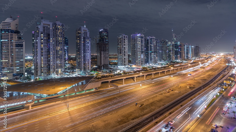 Aerial top view to Sheikh Zayed road near Dubai Marina and JLT timelapse, Dubai.