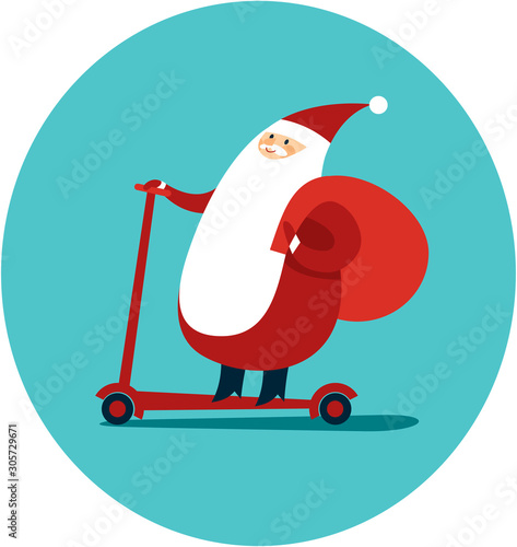 Happy Santa Claus skating on push scooter