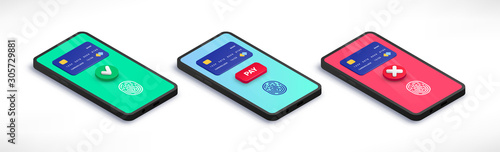 Mobile payment accepted and error isometric concept. 3d Smartphone with credit card, green yes check mark, red cross check mark, fingerprint, button pay on screen. Vector illustration