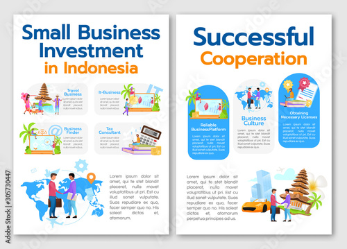 Small business investment in Indonesia brochure template. Flyer, booklet, leaflet print, cover design with linear illustrations. Vector page layouts for magazines, annual reports, advertising posters