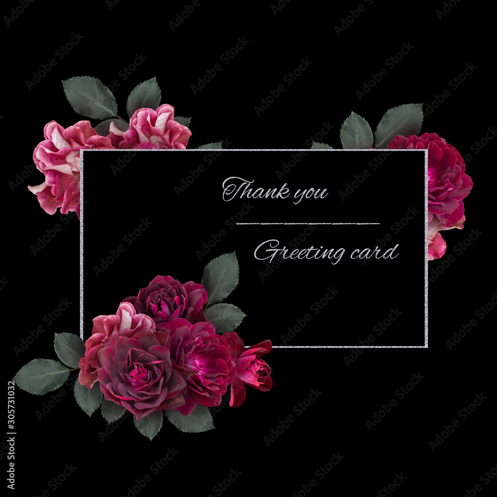 Vintage floral card. Marsala roses isolated on black background. Template for greeting card, wedding invitations.