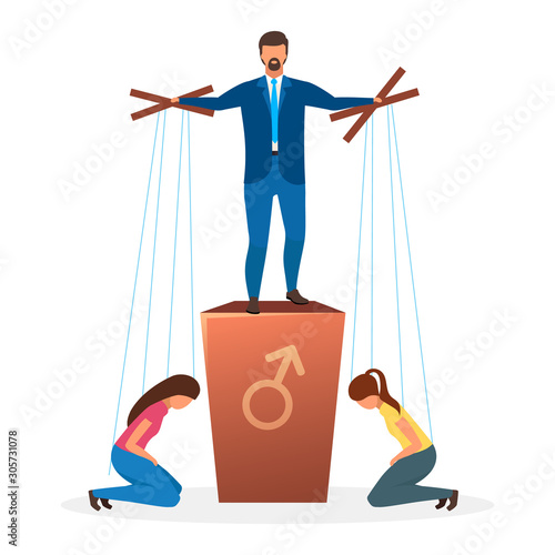 Patriarchy political system metaphor flat vector illustration. Patriarchal barrier to females in politics. Form of government. Primary power of men. Oppression of women cartoon characters photo