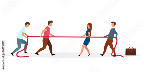 Political system metaphor flat vector illustration. Tug of war. Different opinions of people. Conflict of interest. Confrontation beetween parties. Dispute, disagreement cartoon characters