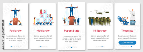 Political systems metaphors onboarding mobile app page screen vector template. Forms of government. Walkthrough website steps with flat characters. UX, UI, GUI smartphone cartoon interface concept