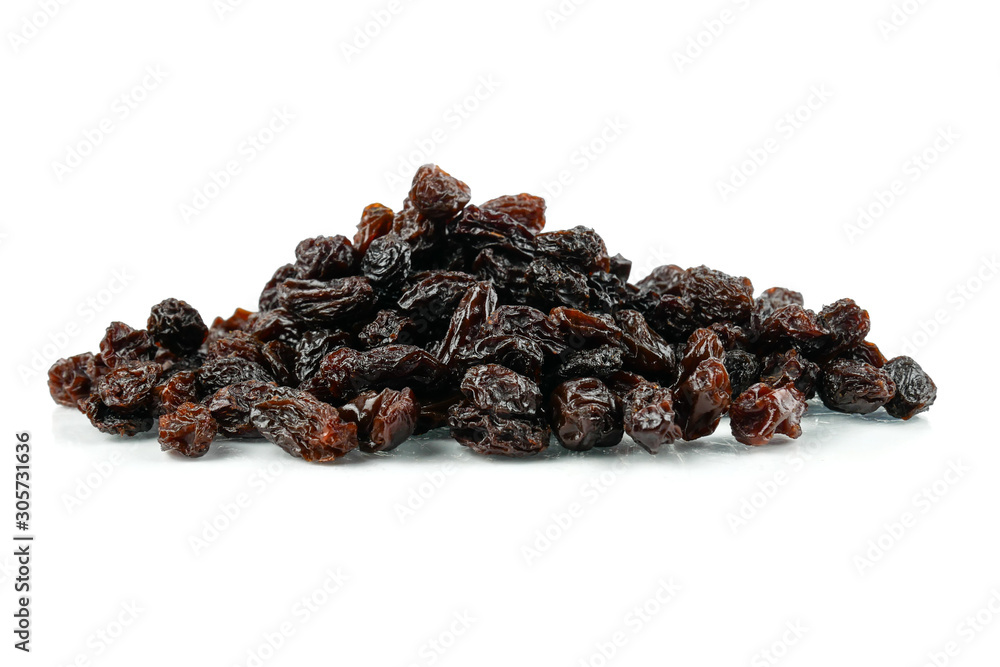 Black sweet Raisins or dried sweet grapes (kali kishmish or Zante currant) isolated on white background Black sweet Raisins or dried sweet grapes (kali kishmish or Zante currant) isolated on white background