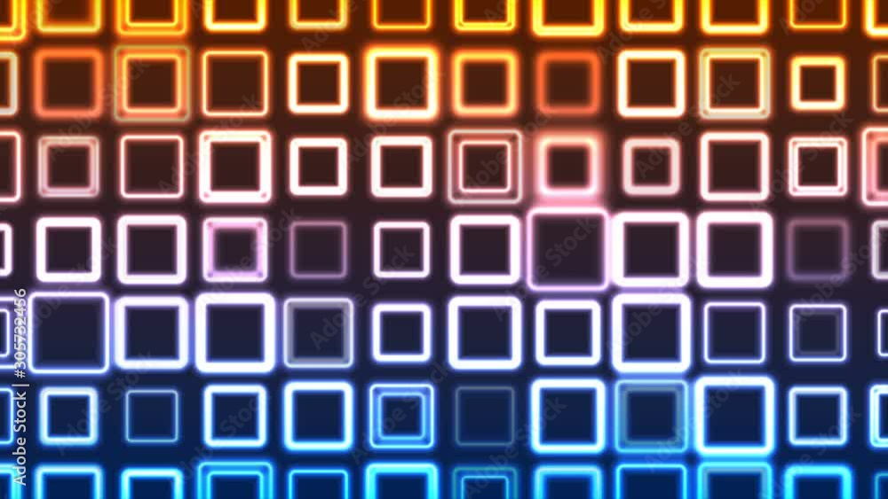 Bright flicker of neon squares. Motion background with blue orange tech geometric shapes. Seamless loop. Video animation Ultra HD 4K 3840x2160 Bright flicker of neon squares. Motion background with blue orange tech geometric shapes. Seamless loop. Video animation Ultra HD 4K 3840x2160