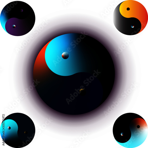 Yin-Yang with 5 different in shades of multicolours in white background,  Vector illustration, Yin and Yang symbol of harmony and balance