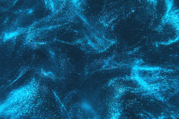Abstract elegant, detailed blue glitter particles flow with shallow depth of field underwater. Holiday magic shimmering underwater space luxury background. Festive sparkles and lights. de-focused