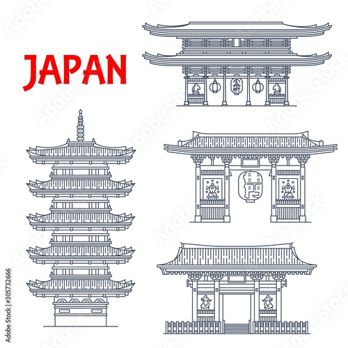 Japanese travel landmark vector icons with Buddhism religion architecture. Asian buddhist temple Senso-ji, wood five story pagoda, Kaminarimon Thunder Gate and Niten-mon gate at Taiyuin mausoleum