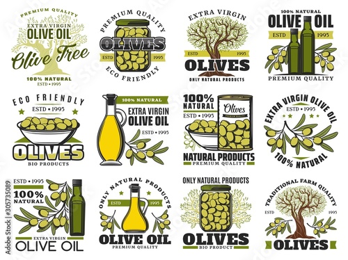 Olive food vector icons with oil bottles, olive trees, branches and leaves, fresh green fruits, marinated products in bowl, jar and can. Vegetarian cooking ingredient emblems design