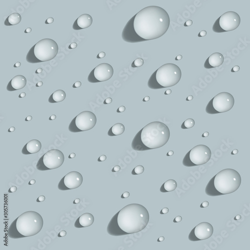 Clear water drops. Round waterdrops on blue surface. Realistic vector illustration