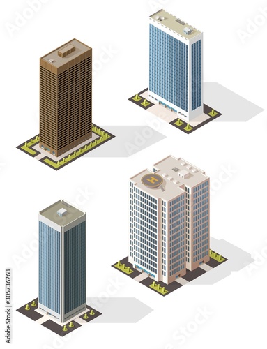 Skyscraper building 3d isometric icon with modern city business office centers. Urban tall buildings vector design of apartment house, bank and hotel multi storey towers with glass steel facades