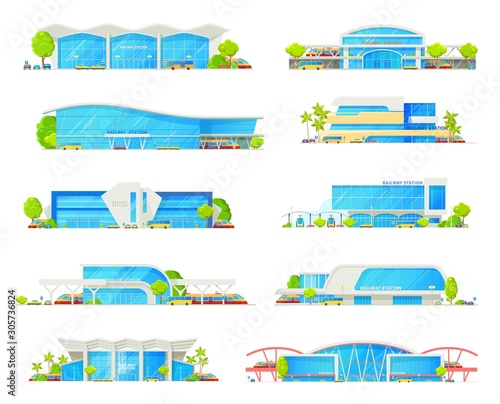 Railway station building vector icons with trains, track platforms and rail bridge. Railroad transport passenger terminals and depot with locomotives, bus and tram stations, car parking lots