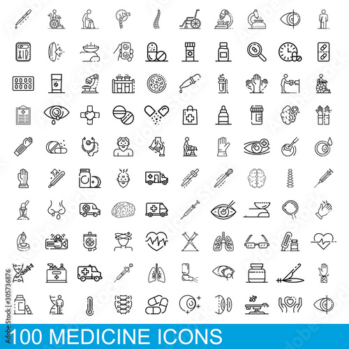 100 medicine icons set. Outline illustration of 100 medicine icons vector set isolated on white background photo