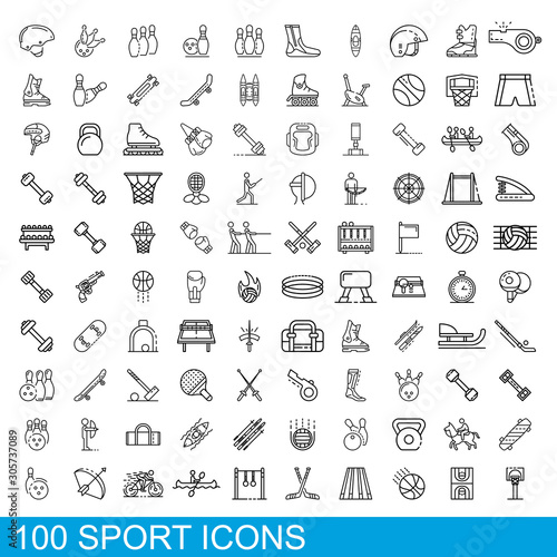 100 sport icons set. Outline illustration of 100 sport icons vector set isolated on white background