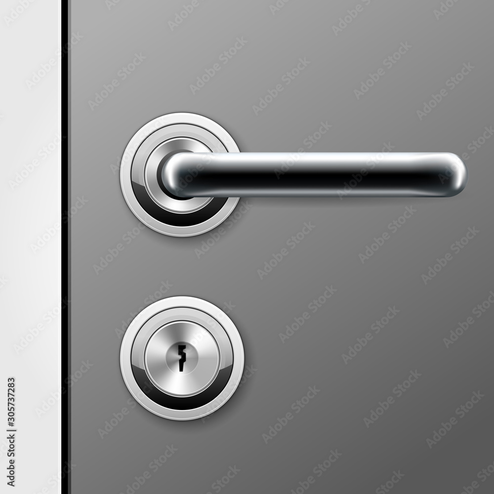 Modern door handle and keyhole for flat key - doorknob on locked door - obrazy, fototapety, plakaty 