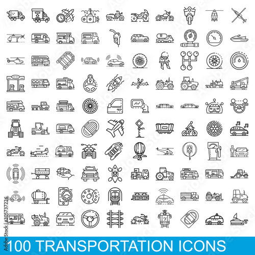 100 transportation icons set. Outline illustration of 100 transportation icons vector set isolated on white background