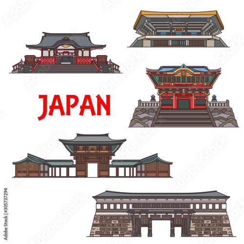 Japanese building of religion and sport icons, Asian travel landmarks vector design. Shinto Meiji Shrine, arena Nippon Budokan and Otemon Gate of the Kochi Castle, Hanazono and Kunozan Toshogu Shrines