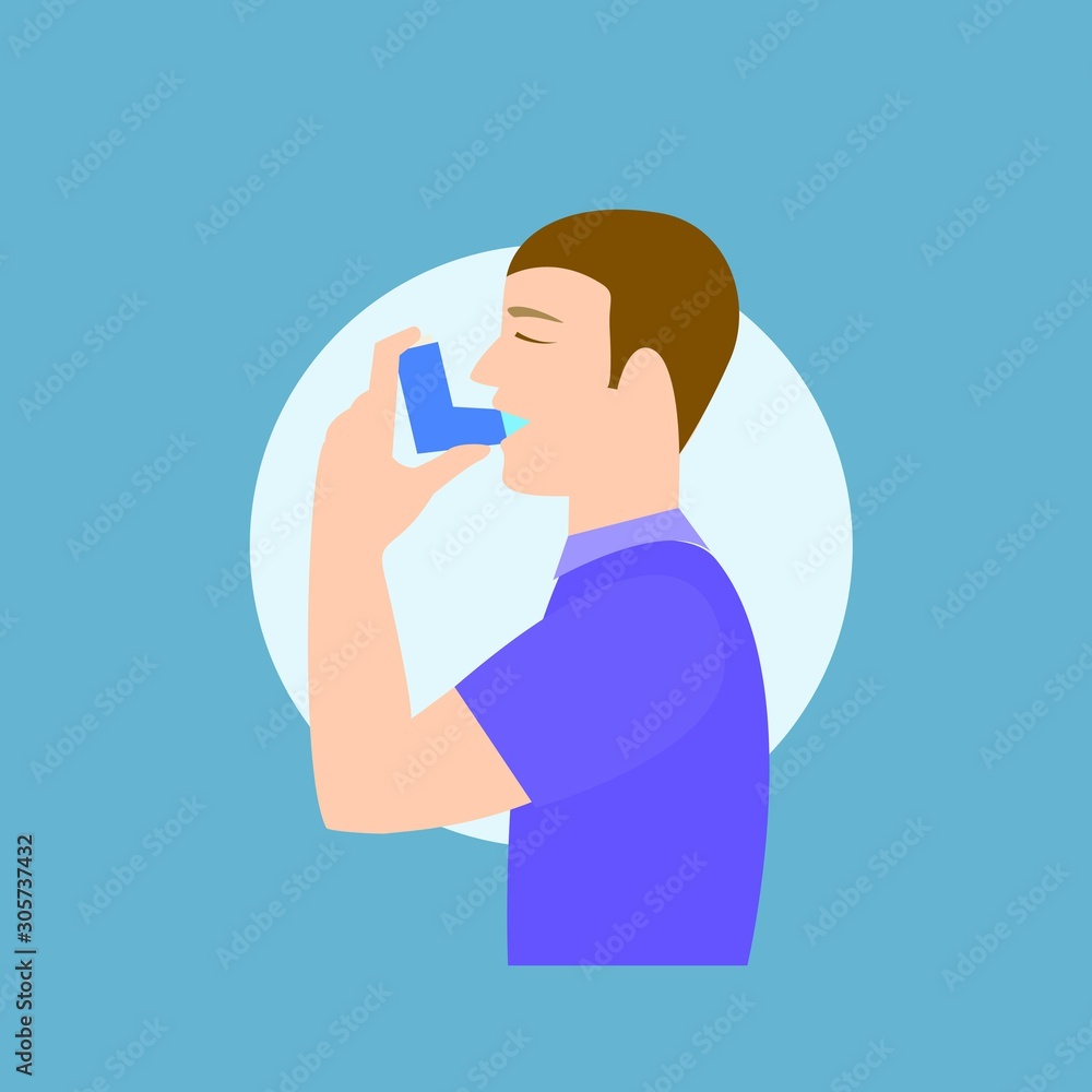 Man use inhaler concept banner. Flat illustration of man use inhaler vector concept banner for web design Man use inhaler concept banner. Flat illustration of man use inhaler vector concept banner for web design