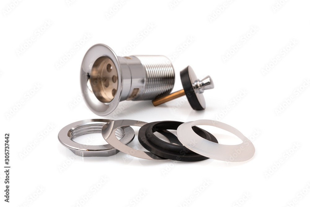 Chrome stainless silver floor drains isolated on a white background. Hardware accessory, Closeup Chrome stainless silver floor drains isolated on a white background. Hardware accessory, Closeup