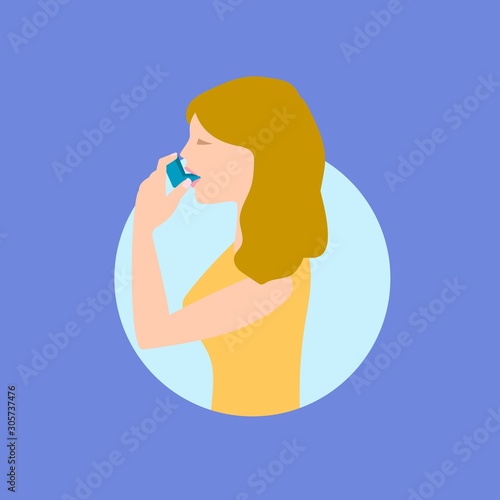 Woman use inhaler concept banner. Flat illustration of woman use inhaler vector concept banner for web design