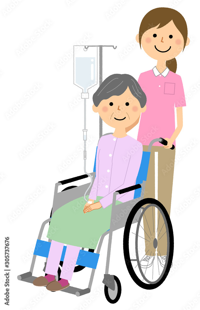 車椅子に乗る高齢者　介護スタッフ