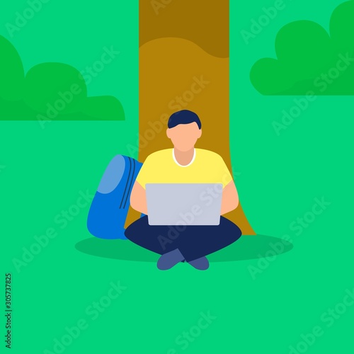Boy laptop near tree concept banner. Flat illustration of boy laptop near tree vector concept banner for web design