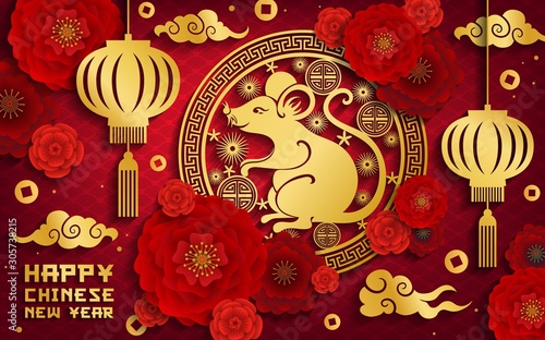 Chinese New Year rat vector greeting card. Lunar New Year and animal zodiac symbol of gold mouse, red papercut with blooming flowers, paper lanterns and golden coins, Asian floral pattern and clouds