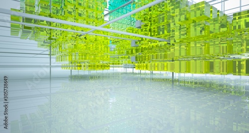 Abstract white and colored gradient glasses interior from array cubes with large window. 3D illustration and rendering.
