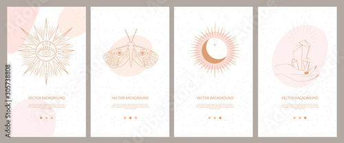 Collection of mystical and mysterious illustrations for Mobile App, Landing page, Web design in hand drawn style. Space and astrology concept. Minimalistic objects made in the style of one line.