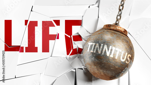 Tinnitus and life - pictured as a word Tinnitus and a wreck ball to symbolize that Tinnitus can have bad effect and can destroy life, 3d illustration photo