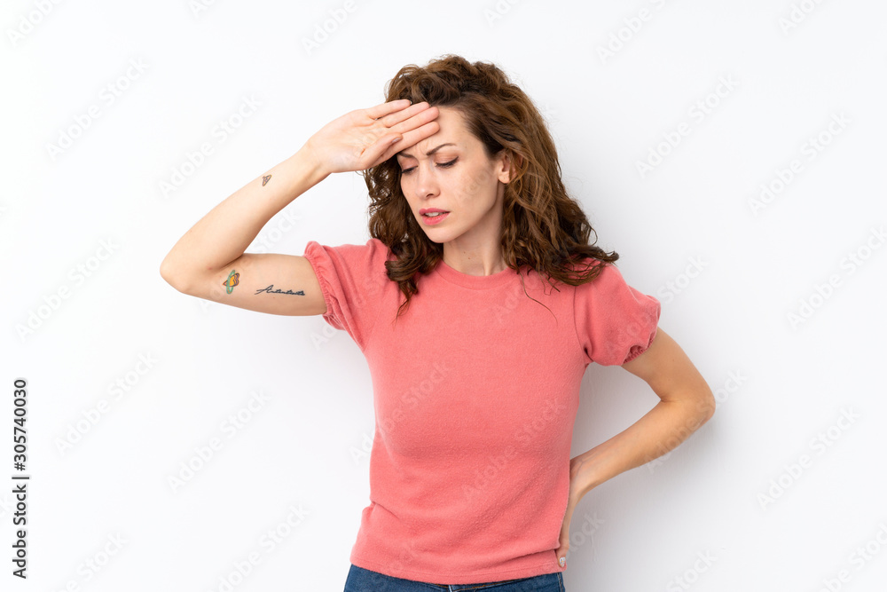 Young pretty woman over isolated background with tired and sick expression Young pretty woman over isolated background with tired and sick expression