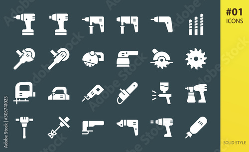 Electric tools solid icons set. Set of power drills, electric hammer drill, hand construction mixer, cordless screwdriver, power tools, metal cutter solid vector icons