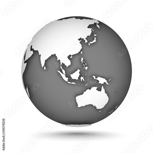 Globe icon gray on white with smooth vector shadow and map of the continents of the world. Europe, Asia, Oceania, Australia. White continent and gray water. Vector illustration