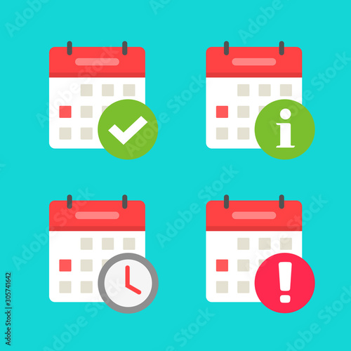 Calendar icons set with alert or info notifications vector, flat cartoon calendars deadline reminder, information note, time scheduled and checkmark pictograms isolated